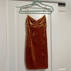 Urban Outfitters crushed velvet golden yellow ruched from mini dress S